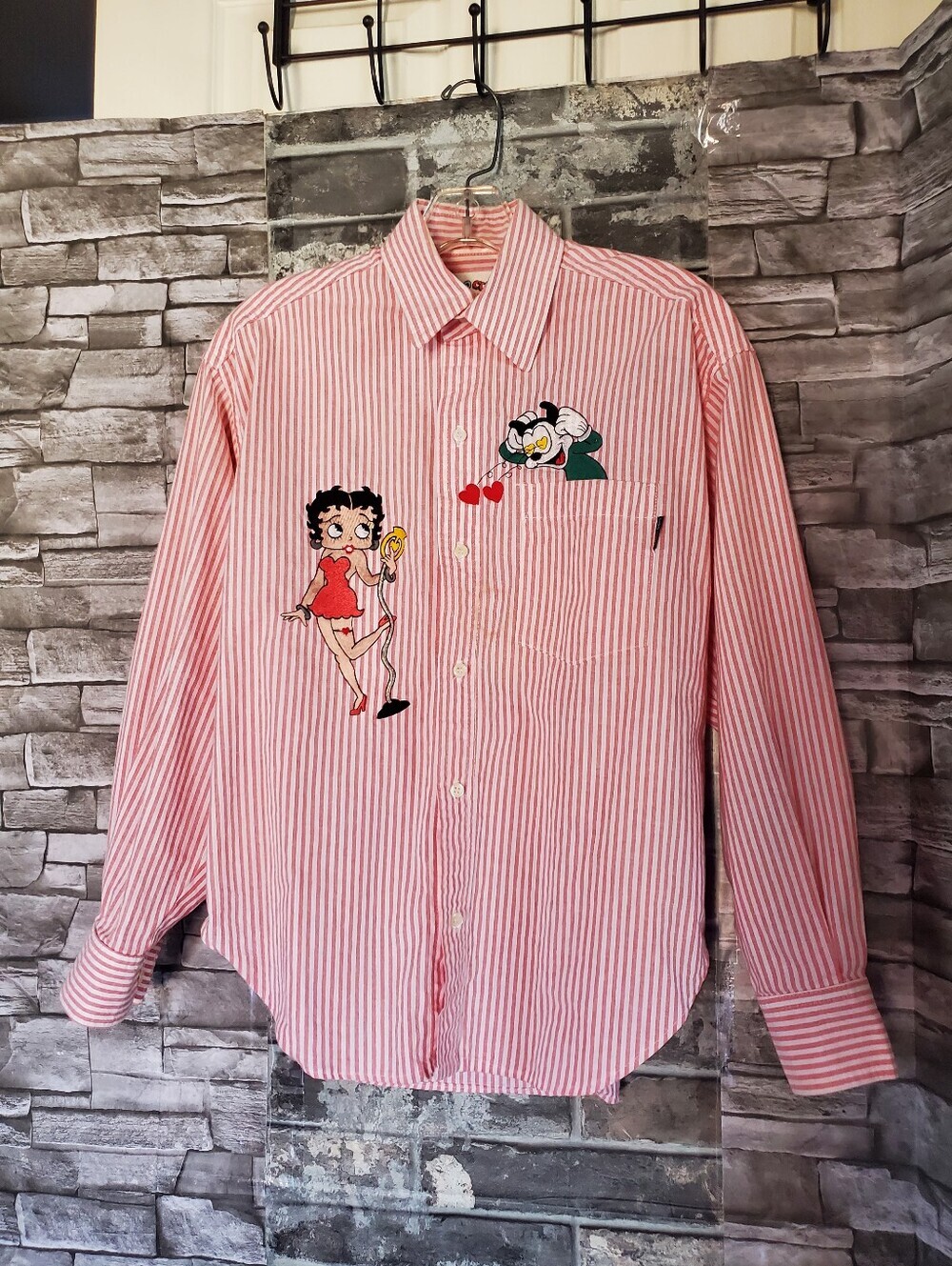 Vintage Too Cute Betty Boop Embroidered Button-up Shirt Pink Stripes Size Small